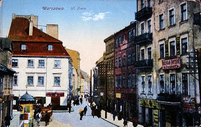 Cartolina che raffigura una scena di strada nel centro storico di Varsavia, c.1910 da School Polish