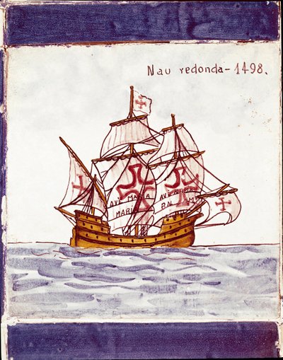 Rappresentazione di una caracca della flotta portoghese (disegno su ceramica) da School Portuguese