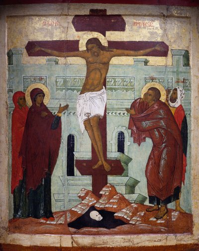 Crocifissione, icona di Novgorod da School Russian