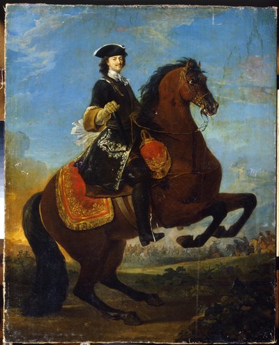 Ritratto equestre di Pietro I con una battaglia della Grande Guerra del Nord sullo sfondo da School Russian