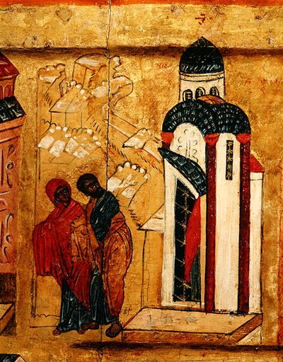 Icona raffigurante i doni di Gioacchino e Anna rifiutati a causa della loro sterilità (dettaglio) da School Russian