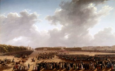 Parata sul Campo di Marte, in primo piano Alessandro Pushkin e Nicola I a cavallo che si dirigono verso l