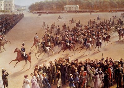 Parata sul Campo di Marte, in primo piano Alessandro Pushkin e Nicola I a cavallo (dettaglio) da School Russian