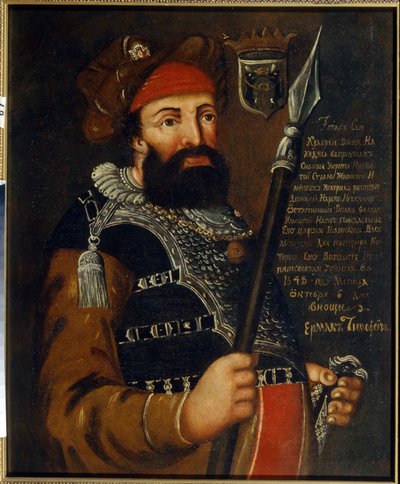 Ritratto del capo cosacco e conquistatore della Siberia, Yermak Timofeyevitch da School Russian