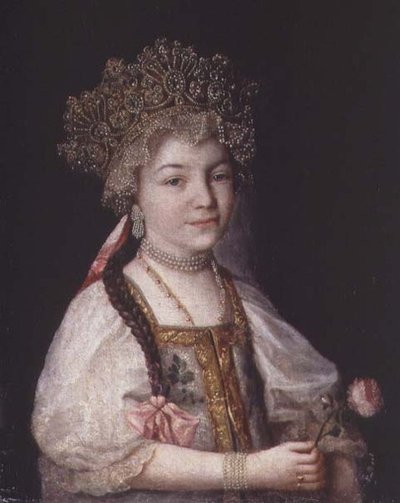 Ritratto di Alexandra Pavlovna in Costume Nazionale Russo, c.1790 da School Russian