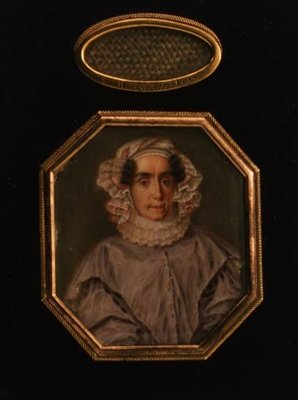 Ritratto di Praskovya Mikhailovna Tolstaya (1777-1844), con una ciocca di capelli intrecciata, c.1844 da School Russian