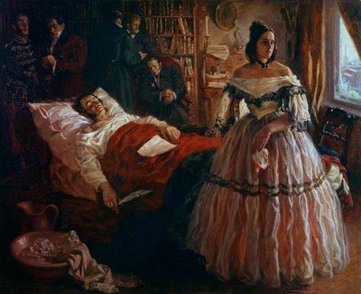 Il poeta russo Aleksandr Puškin (1799-1837) sul letto di morte circondato dalla moglie Natalia Gončarova e dai suoi amici. Dipinto anonimo della scuola russa. 1837. Museo dell