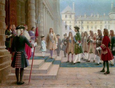 Lo zar Pietro il Grande (1672-1725) accolto da Luigi XV bambino a Versailles nel 1717 - Dipinto di Gorsky (XIX secolo) da School Russian