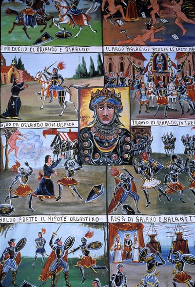 Un decor di teatro di marionette chiamato Puppi, appartenente a una tradizione siciliana che risale ai tempi antichi e mirata a raccontare la storia delle invasioni e delle conquiste normanne. Palermo, Sicilia, Italia da School Sicilian