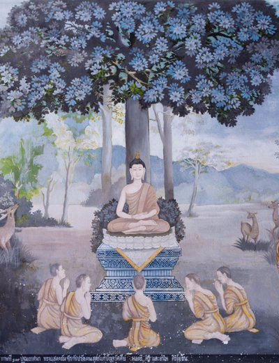 Affresco che raffigura una scena della vita del Buddha, tempio Wat Phra That Doi Suthep da School Thai