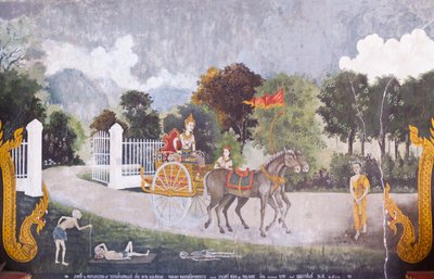 Affresco che raffigura una scena della vita di Buddha, tempio Wat Phra That Doi Suthep da School Thai