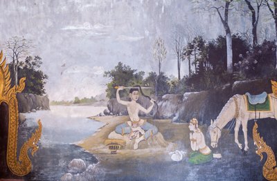 Affresco che raffigura una scena della vita di Buddha, tempio Wat Phra That Doi Suthep da School Thai