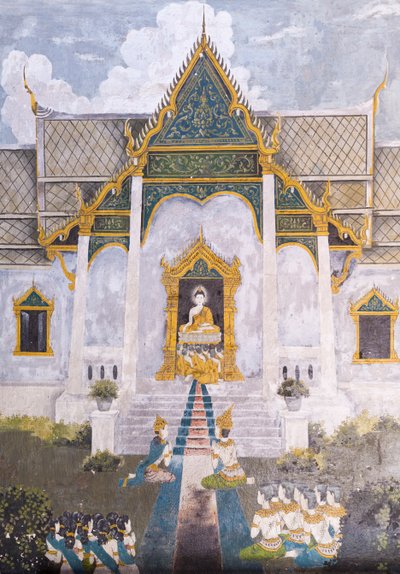 Affresco che raffigura una scena della vita di Buddha, tempio Wat Phra That Doi Suthep da School Thai