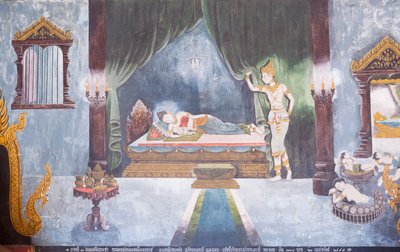 Affresco che raffigura una scena della vita di Buddha, tempio Wat Phra That Doi Suthep da School Thai
