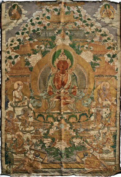 Amitabha (Buddha della Terra Pura) - Pittura tibetana, pigmenti e oro su tessuto, fine del 19° secolo, 74x51 cm - (Amitayus Buddha Thangka, cultura tibetana, pigmenti e oro su tessuto, fine del 19° secolo) - Collezione privata da School Tibetan