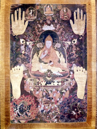 Blo Bzang Rgya ktso, il quinto Dalai Lama, il più illustre e importante della storia. Thangka tibetana, Musée Guimet, Parigi da School Tibetan