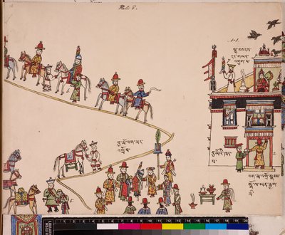 Illustrazione di una parte della cerimonia nuziale: la sposa viene prelevata a casa sua, 1844 circa - 62 (pigmenti su carta) da School Tibetan