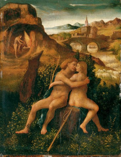 Venere e Marte in un paesaggio fluviale con Vulcano che lavora nella sua fucina, c.1500 da School Venetian