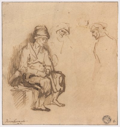 Donna seduta su una panchina e tre schizzi di teste da School of Rembrandt van Rijn