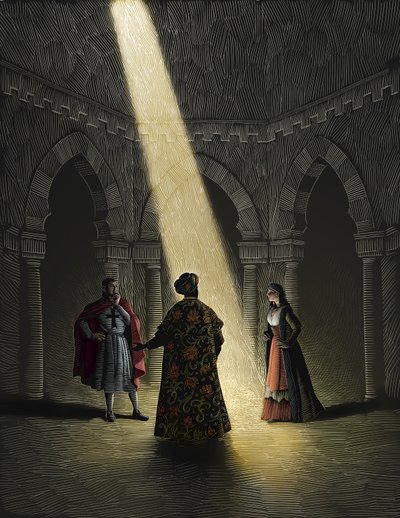 Nathan il Saggio, 2008 (tavola di graffio, colorata in digitale) da Scott McKowen