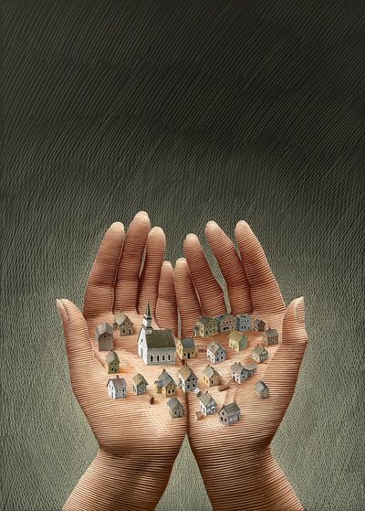 La nostra città, 2013 (tavola di graffio, colorata in digitale) da Scott McKowen