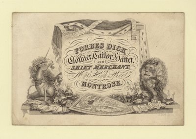 Pubblicità per Forbes Dick, sarto; cappellaio e mercante di camicie, Montrose, Forfarshire, Scozia da Scottish School