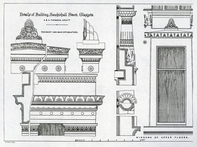 Dettagli architettonici delle camere greche, 336-356 Sauchiehall Street, Glasgow, progettate da Alexander Greek Thomson, 1869 da Scottish School