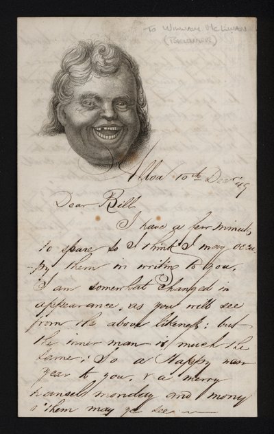 Lettera scritta su carta da lettere con il volto di un uomo che ride da Scottish School
