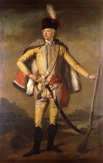 Ritratto di John Lindsay, 20° conte di Crawford e Lindsay, a figura intera, in uniforme da ussaro, con un moschetto a pietra focaia, un paesaggio sullo sfondo da Scottish School