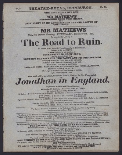 Programma teatrale per il Theatre Royal, Edimburgo, 29 dicembre 1825 da Scottish School