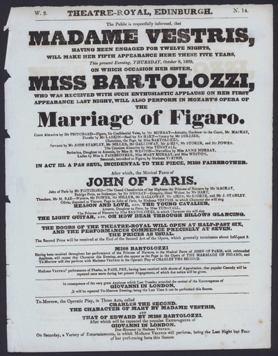 Programma teatrale per il Theatre Royal, Edimburgo, 8 ottobre 1829 da Scottish School