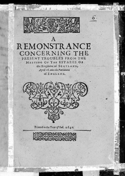 Pagina del titolo di A Remonstrance concerning the present troubles from the meeting of the estates of the Kingdome of Scotland, pubblicato 1640 da Scottish School