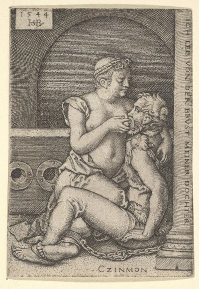 Cimone seduto contro una colonna a destra, allattato da Pero che è inginocchiata accanto a lui, 1544 da Sebald Beham