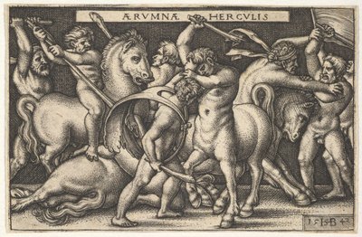 Ercole con la sua clava al centro che combatte un centauro, altri uomini che combattono centauri a sinistra, 1542 da Sebald Beham