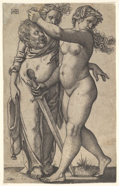 Giuditta che cammina a sinistra con la testa di Oloferne nella mano destra e una spada da Sebald Beham
