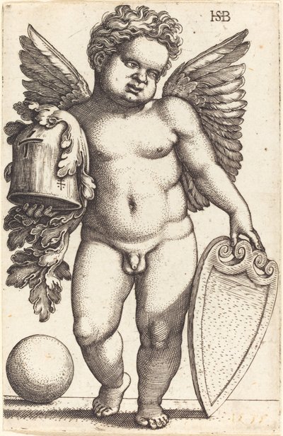 Genio maschile che tiene uno stemma da Sebald Beham