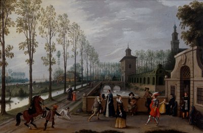 Una compagnia elegante che passeggia fuori da un palazzo da Sebastian Vrancx