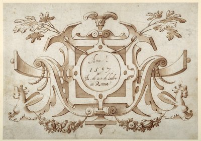 Cartiglio a grottesche associato alla serie delle sue Vedute Romane da Sebastian Vrancx