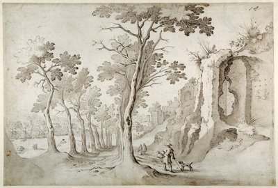 Veduta della Porta Ripa da un viale di alberi tra le rovine sull