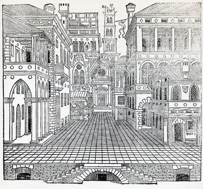 Scena magica, scenografia teatrale di Sebastiano Serlio, illustrazione dal Trattato di Architettura, Libro II da Sebastiano Serlio
