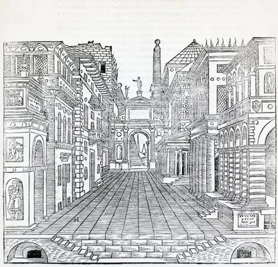 Scena magica, scenografia teatrale di Sebastiano Serlio, illustrazione dal Trattato di Architettura, Libro II da Sebastiano Serlio