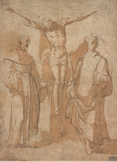 Cristo sulla croce affiancato da due santi da Sebastiano Vini