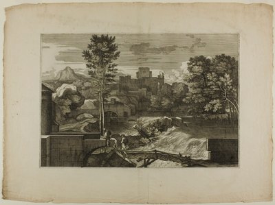 Cascata presso un ponte di pietra, con castello in lontananza da Sébastien Bourdon