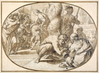 Una regina che distribuisce elemosine a un mendicante storpio nel tempio di Gerusalemme, inizio XVII secolo da Second School of Fontainebleau