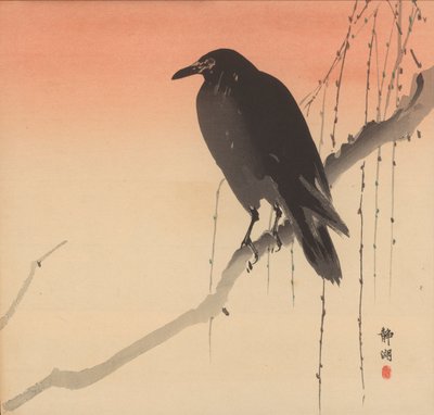 Corvo nero su un ramo di salice da Seiko Okuhara