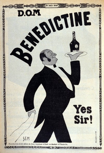 Pubblicità per il digestivo “Benedictine”. Un ragazzo del caffè porta una bottiglia su un vassoio. Disegno di Sem (1910) da Sem