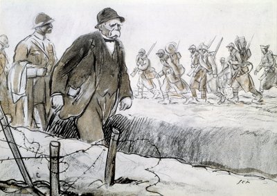 Prima Guerra Mondiale: Ritratto di Clemenceau (1841-1929) in una cassa visitando il fronte da Sem