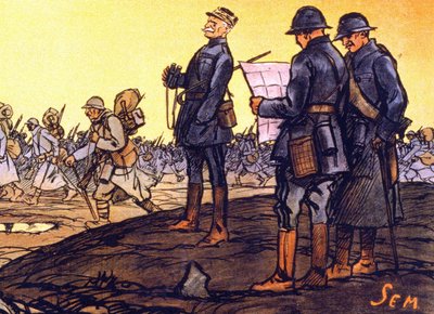 Generale Ferdinand Foch (1851 - 1929) osserva le sue truppe marciare attraverso il campo di battaglia. Dettaglio di un poster per il prestito nazionale “Per l