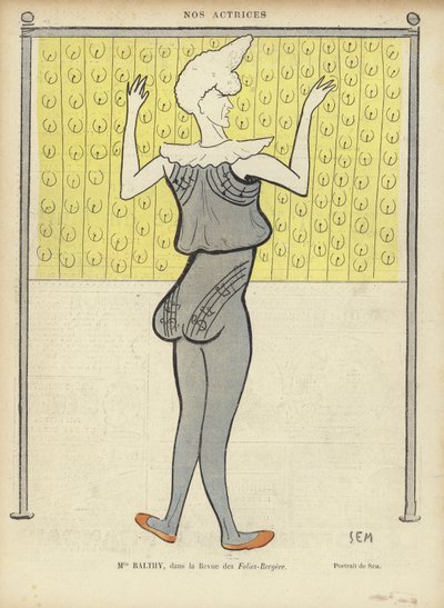 Louise Balthy, attrice francese, al Folies-Bergere, illustrazione per Le Rire da Sem