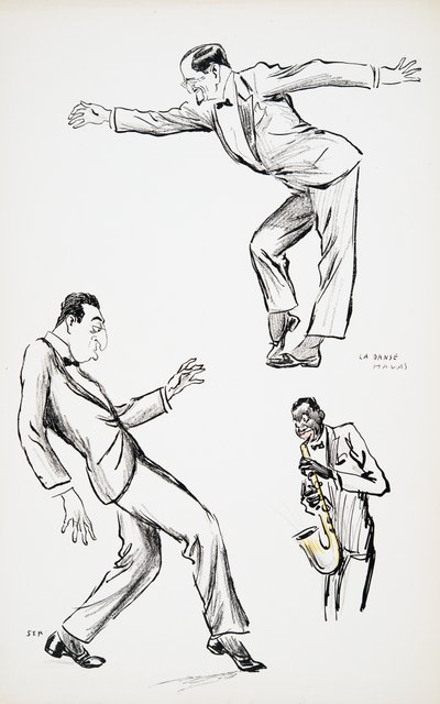 Due gentiluomini in cravatta nera eseguono La Danse Havas al suono di un sassofono, da White Bottoms, pub. 1927 da Sem